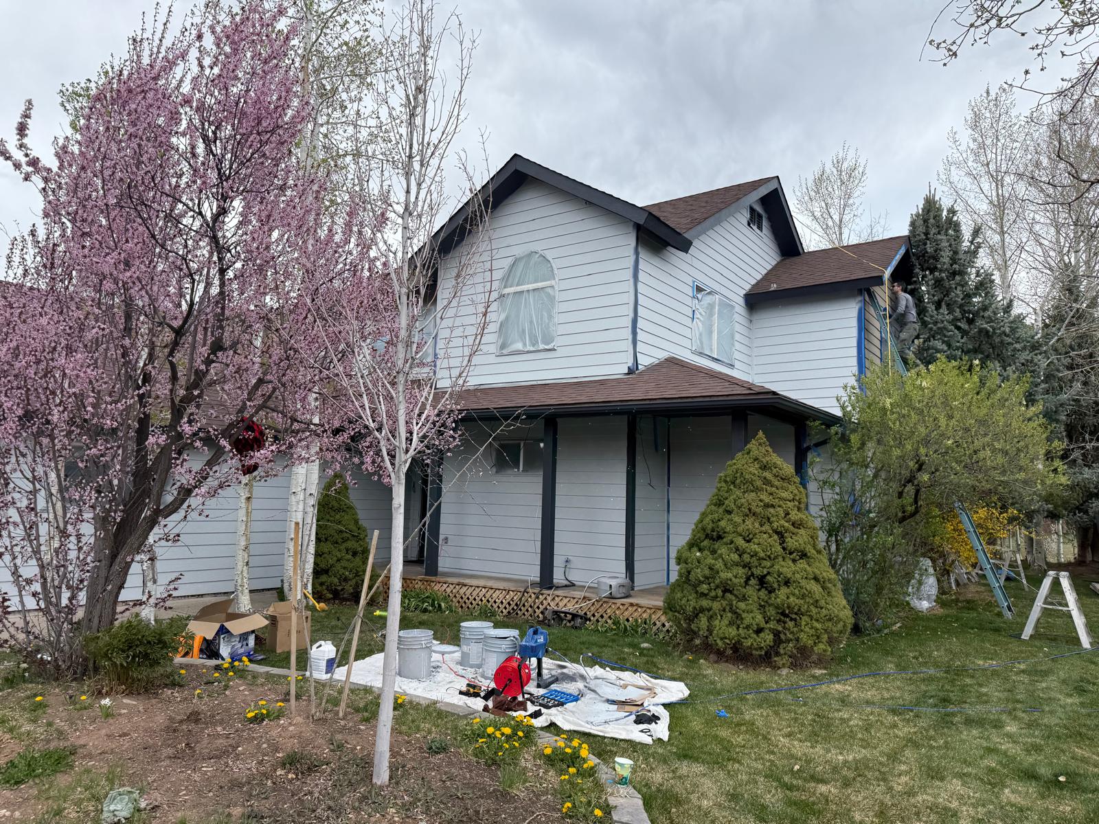 Repainted two-storey home seen from the front lawn in spring — exterior painting service in Denver